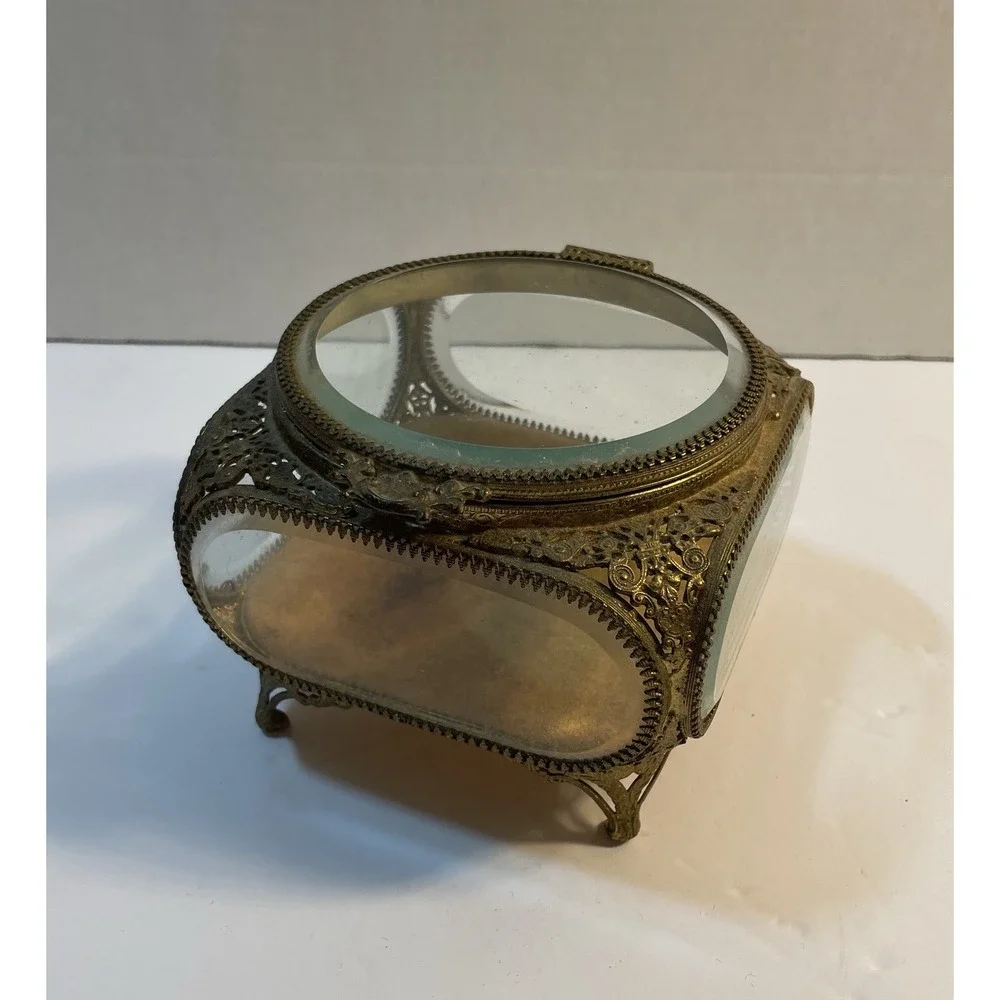 Vtg Gold Tone Beveled Glass Jewelry Box/Casket. 4 Sided